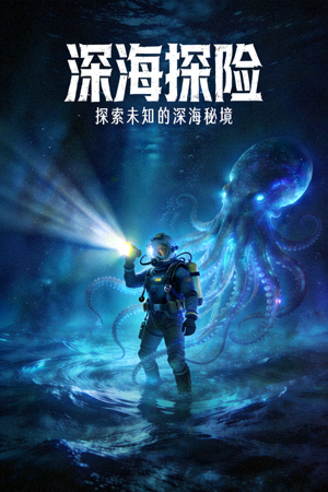 4K超清电影《深海探险》海报，展示深海潜水员与神秘海洋生物