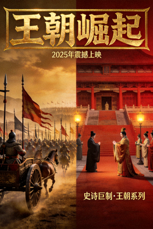 4K史诗电影《王朝崛起》海报，展示古代王朝战争与宫廷场景