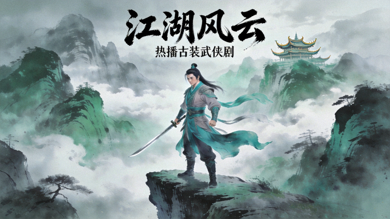 热播古装武侠剧《江湖风云》海报，展示侠客与山水背景